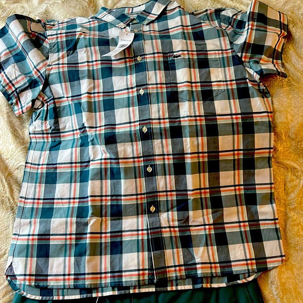 Lacoste Shirt: White, peach, blue/green